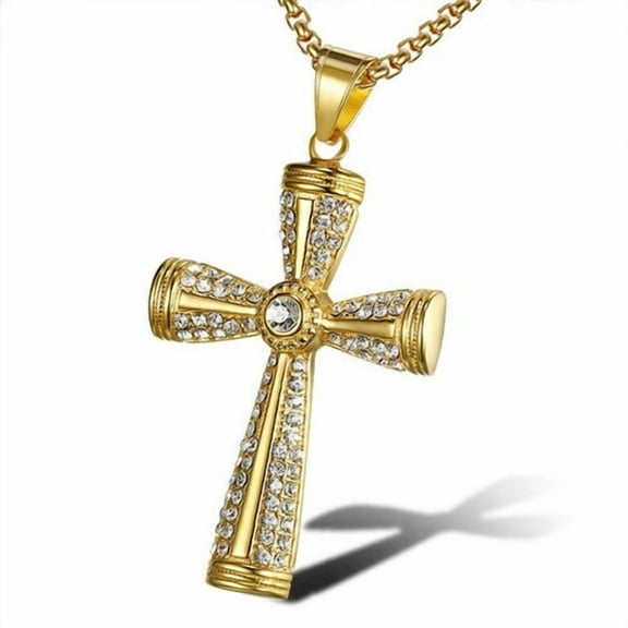Religious Iced Out Bling Cross Pendants Necklaces For Women Men 14K Yellow Gold Christian Jewelry