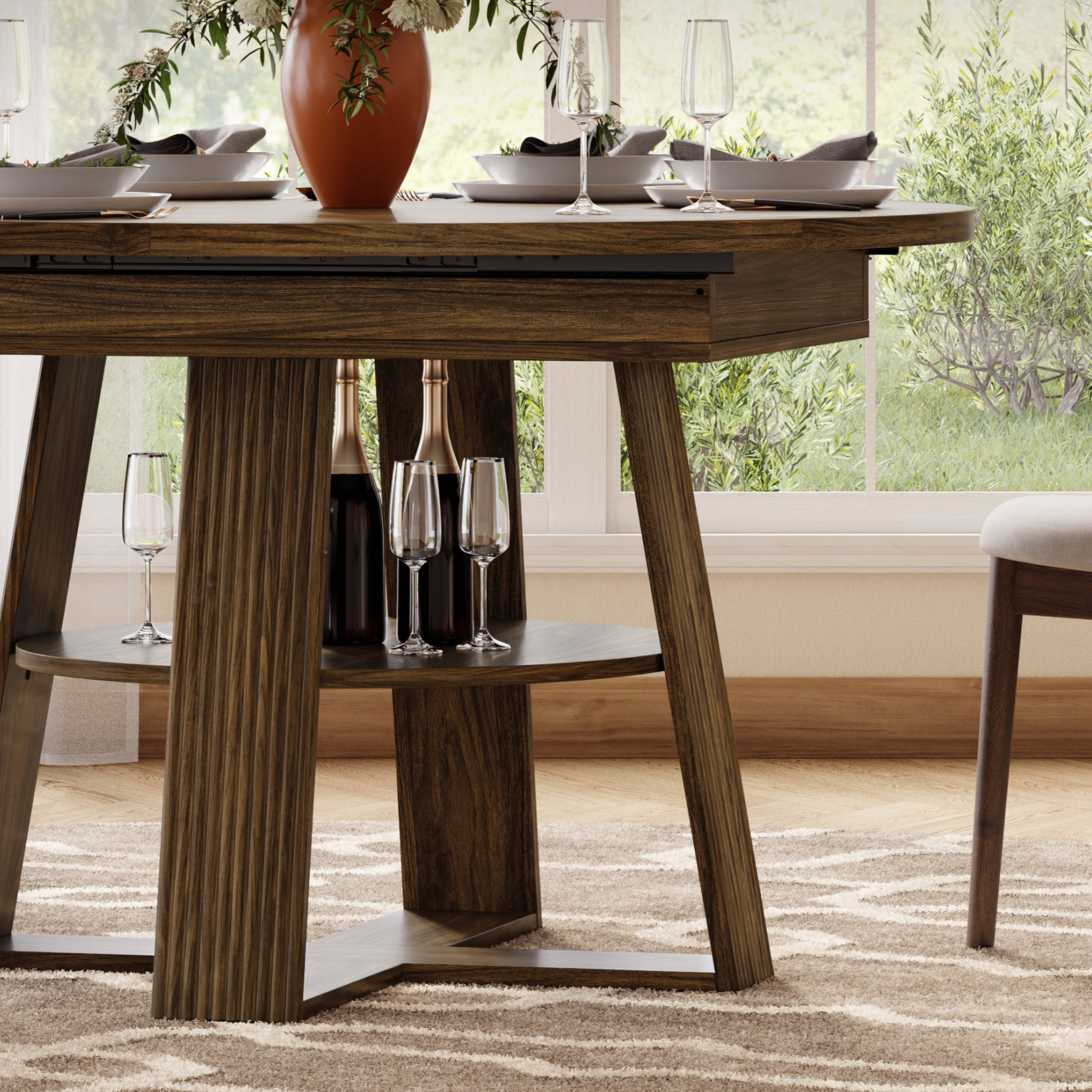 CHIC HOUSE 59" Extendable Round Dining Table for 4 to 6 with Storage Shelf, Farmhouse Fluted Kitchen Table with Sliding Doors for Dining Room, Small Spaces, Walnut