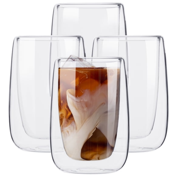 MAGMALIFE Vasos de Cristal Doble Pared De 400 ml (13.5 Onzas), Vidrio De Doble Fondo. Elegante Set de 4 Piezas, Ideal Para Capuchino, Vino o Jugo, Conservan la Temperatura de Bebidas Frías
