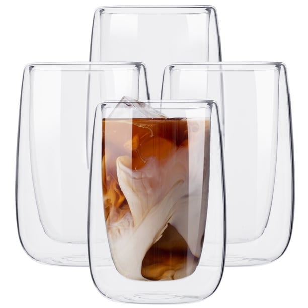 MAGMALIFE Vasos de Cristal Doble Pared De 400 ml (13.5 Onzas), Vidrio De Doble Fondo. Elegante Set de 4 Piezas, Ideal Para Capuchino, Vino o Jugo, Conservan la Temperatura de Bebidas Frías
