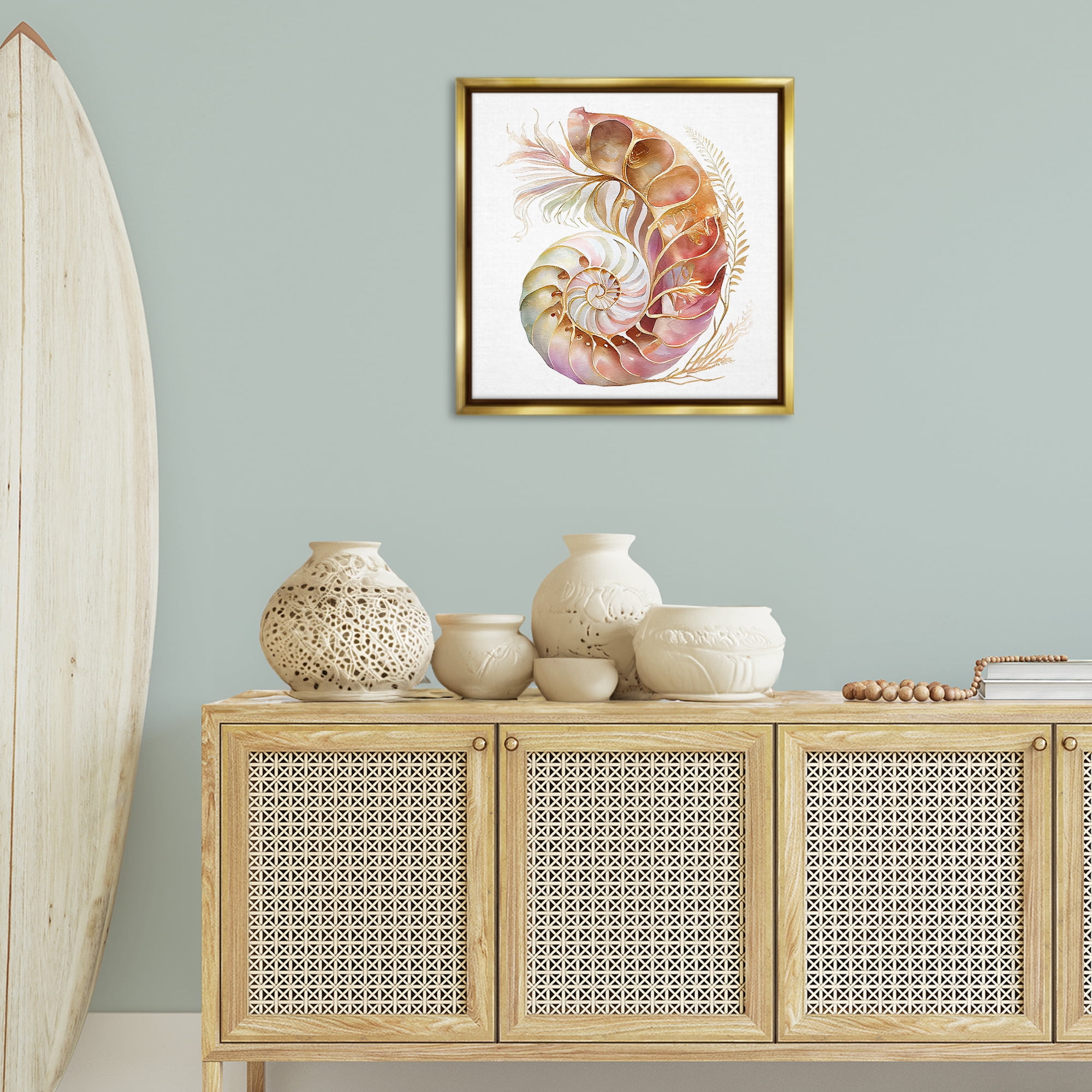 Stupell Industries Curled Nautilus Pattern Nautical & Beach Painting Gold Floater Framed Canvas Art Print Wall Art, 25 x 25