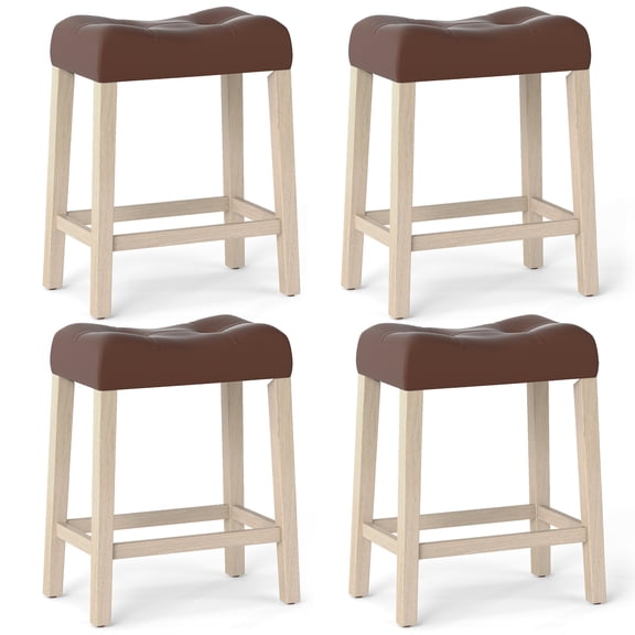 Gymax 24'' Saddle Bar Stools Set of 4 w/ Footrest Rubber Wood Frame for Kitchen Island Natural