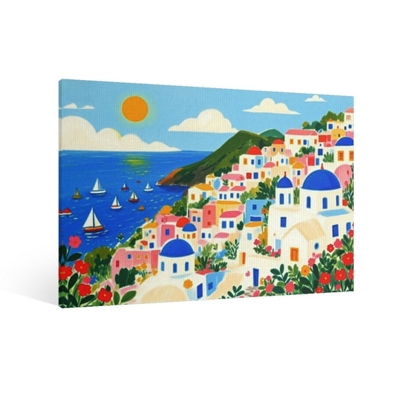 Santorini in Bloom Framed Wall Art Canvas, Modern Cubist Animal Painting Decorative Wall Artwork for Living Room, Bedroom, Office