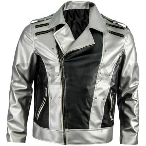 HIDE CRAFTS Metallic Silver and Black Motorcycle Jacket, Faux Leather, Asymmetrical Zipper Design (US, Alpha, X-Large, Regular, Regular, Mettalic Silver)