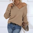 thumbnail image 2 of Suéter de punto con cuello en V y cuello de solapa para mujer, suéter de Color puro con manga larga acampanada, para otoño e invierno, color tostado claro S, 2 of 6