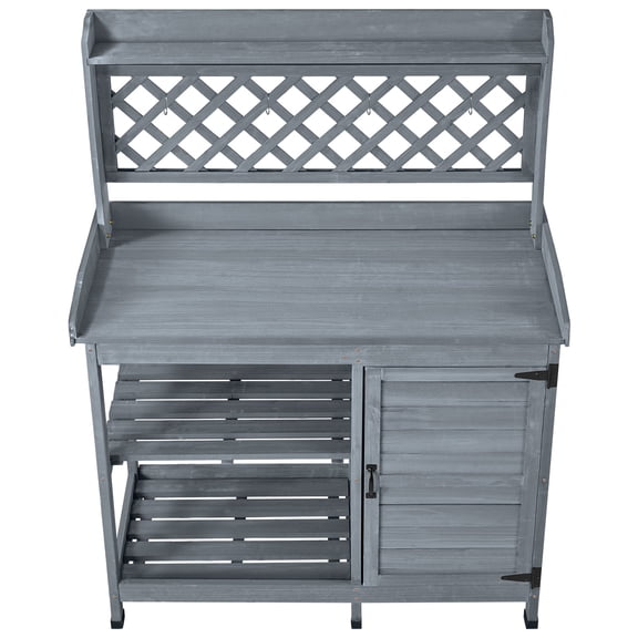 KFFKFF Outdoor Gardening Wooden Potting Bench Table with Storage Cabinet and Shelves, 43 x 18 in Workstation for Patio, Backyard, or Balcony, Gray