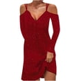 thumbnail image 1 of Sexy mujer verano Casual suelta manga completa lentejuelas brillantes cuello en V hueco sin grapas sólido Sling vestido Fridja  NMB3588, 1 of 6