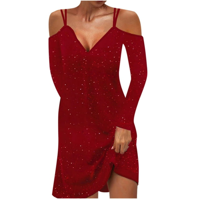 Sexy mujer verano Casual suelta manga completa lentejuelas brillantes cuello en V hueco sin grapas sólido Sling vestido Fridja NMB3588