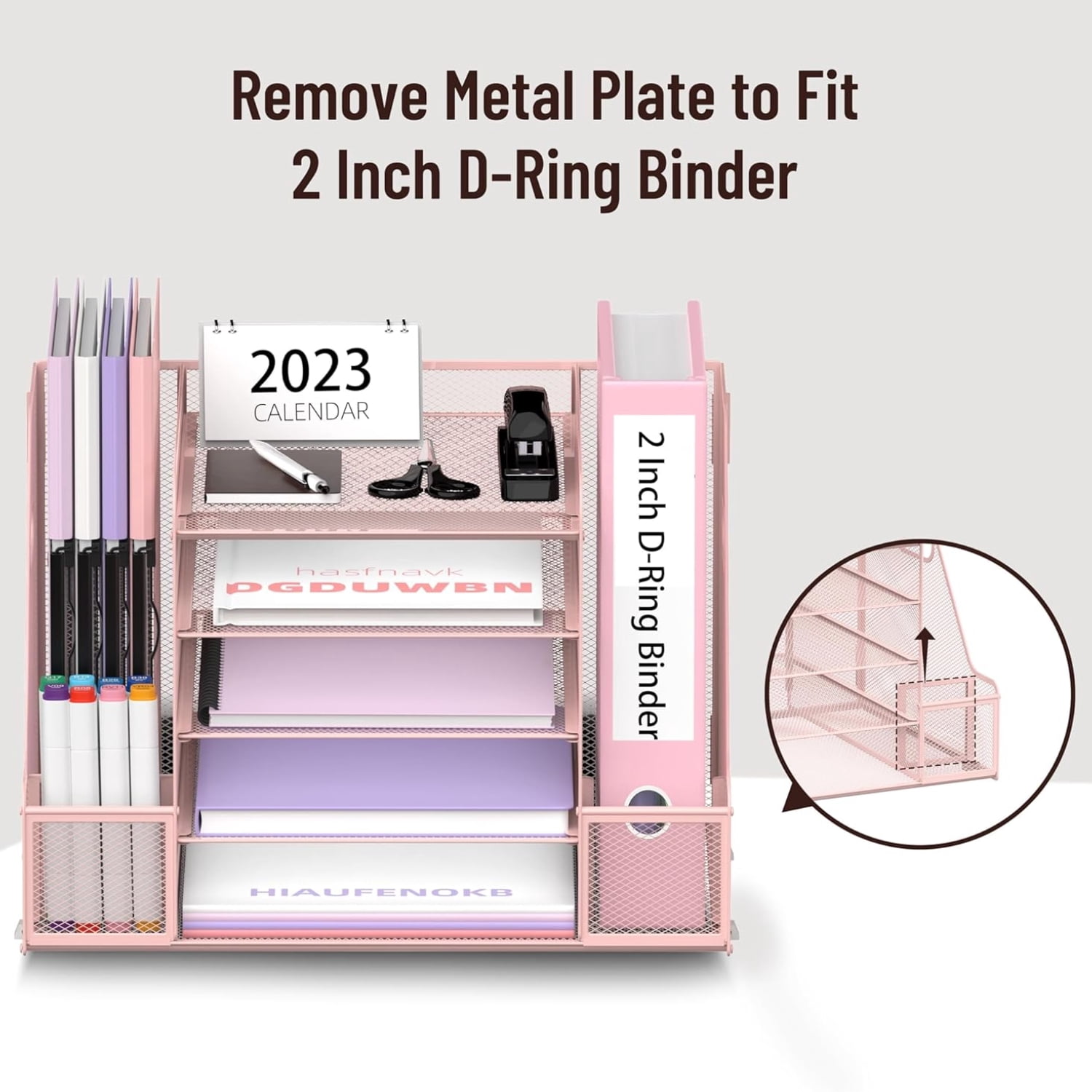 INTIGE 5-Tier Metal Desk Organizer with File Holder, Paper Letter Tray Organizer for Office, Pink, 1 Pcs