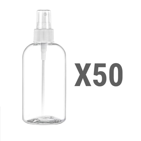 MoYo Natural Labs 8 oz Spray Bottles Boston Round, Fine Mist Empty Travel Containers, BPA Free PET Plastic for Essential Oils and Liquids/Cosmetics (Pack of 50, Clear)