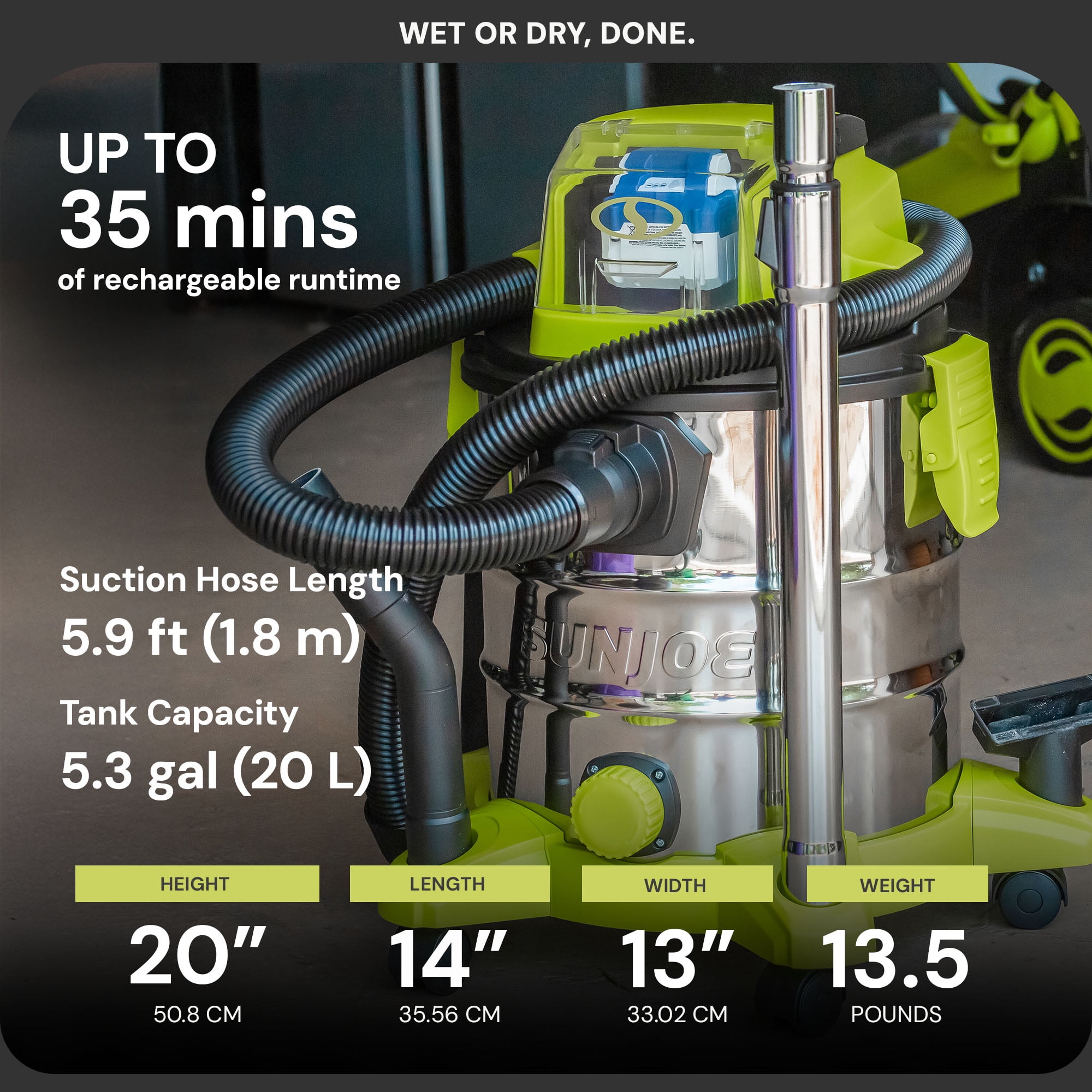 Sun Joe 24V Cordless Wet Dry Vacuum, 5.3-Gallon Stainless Steel