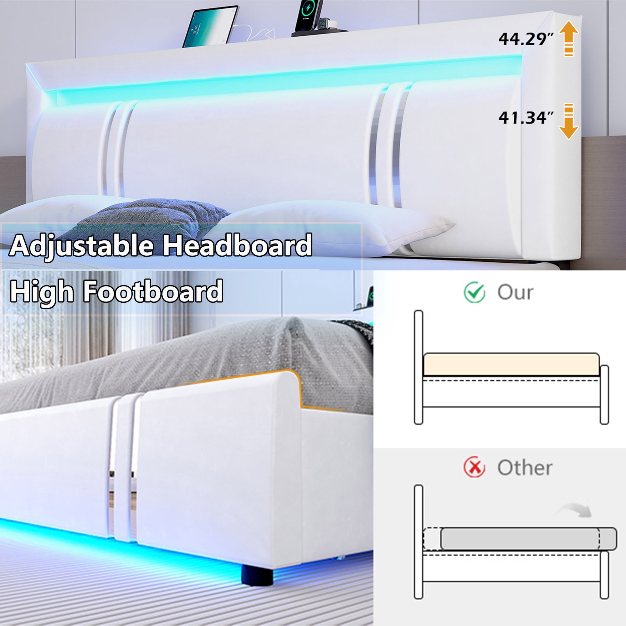 Blotout Faux Leather Bed Frame Queen Size with 4 Drawers & USB Charging Station & LED Light Headboard Footboard, Modern Upholstered Platform Bed, No Box Spring Needed, White