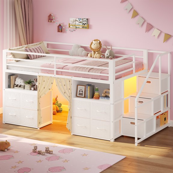 Plonmago Low Loft Bed Twin Size with Stairs and 11 Storage Drawers, Twin Loft Bed with Bookshelf, LED Lights & Under-Bed Play Space, Metal Loft Bed with Guardrail,Privacy Curtain,White