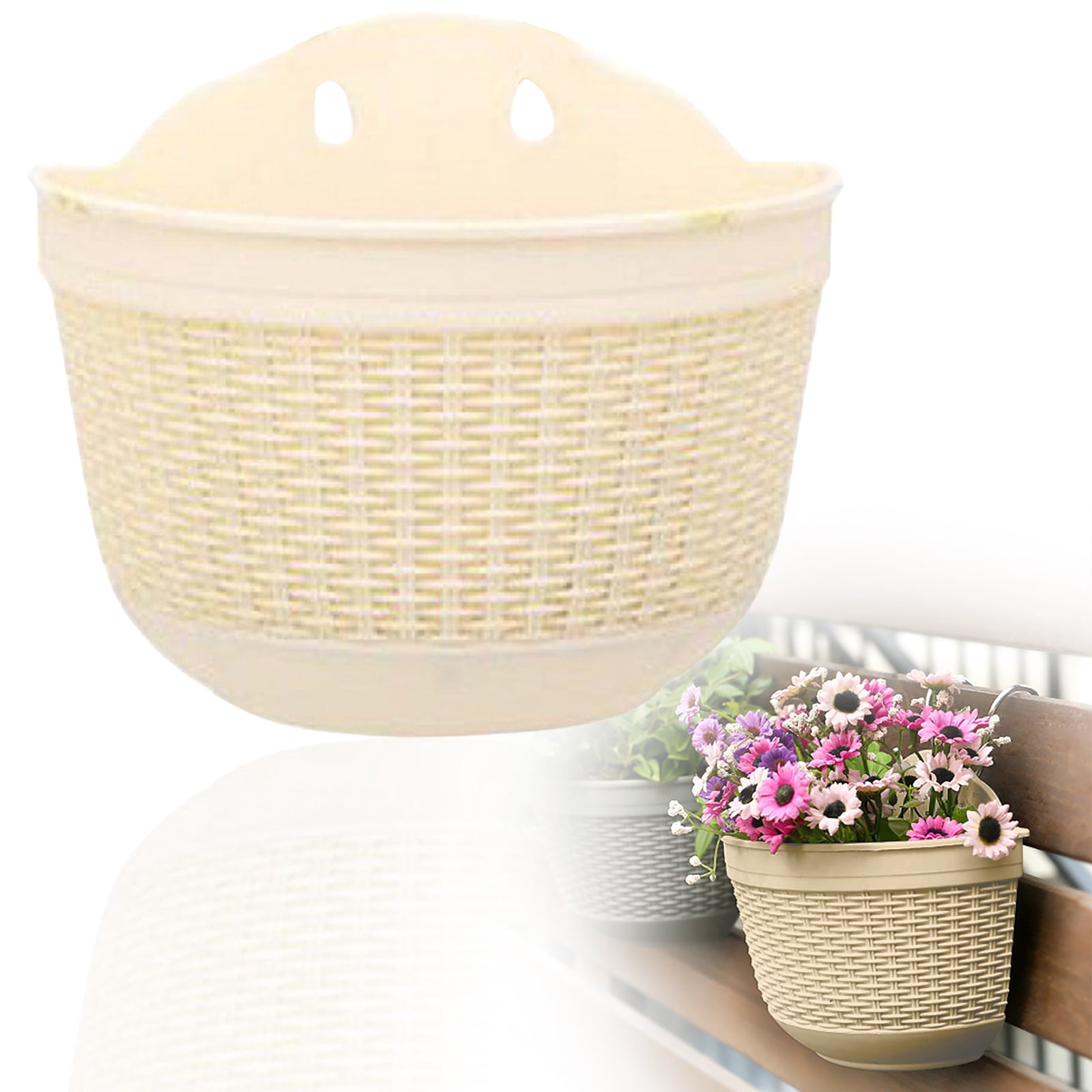 Kjfeif Wall Hanging Planter, Hanging Planter Pot Half Round, Imitation Rattan Wall-Mounted Semicircular Flower Pot, for Indoor Outdoor Balcony Fence