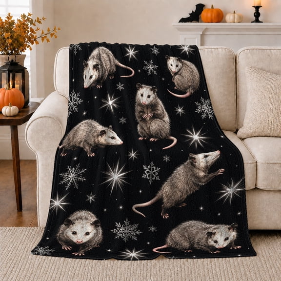 Opossums among Stars and Snowflakes, Whimsical Wildlife Style for Opossum Lovers, Nocturnal Animal Pattern and Birthday Gift, Cozy Flannel Blanket for Cabin and Bedroom, Home Decor