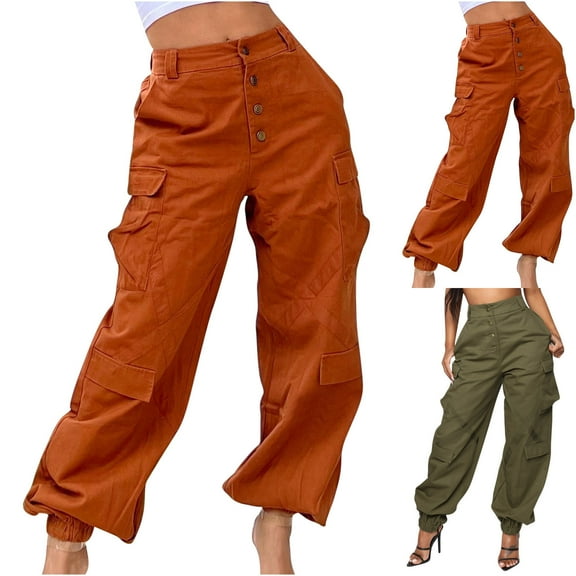 Wycnly on Sale Pants for Women Womens Jogger Cargo Pants Fashion Street Style Button Down Mid Waist Cargo Pants Casual Solid Loose Straight Leg Trousers with Pockets
