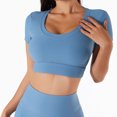 thumbnail image 2 of Conjuntos de entrenamiento acanalados para mujer, Top corto de manga corta de 2 piezas, secado rápido para trotar, correr, Fitness, Yoga, azul oscuro L, 2 of 6