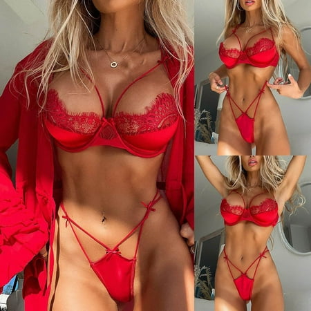 

Womens Soft Lingerie Set Nightwear Bra and Panty Set Sexy 2 Piece Babydoll Red L
