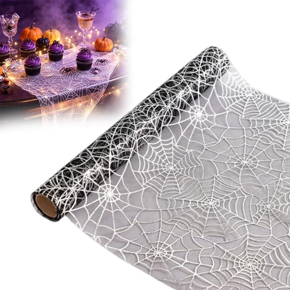 11 x 118 Inch Halloween Spider Web Plastic Tablecloth - Cobweb with Spiders Patterns, Disposable Rectangle Table Cover for Birthday Dining Table Cover Indoor Outdoor Decoration