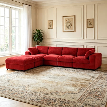 AUU 6-Seat Red Corduroy Reversible Modular Sectional Sofa with Medium Firm Seat Cushion