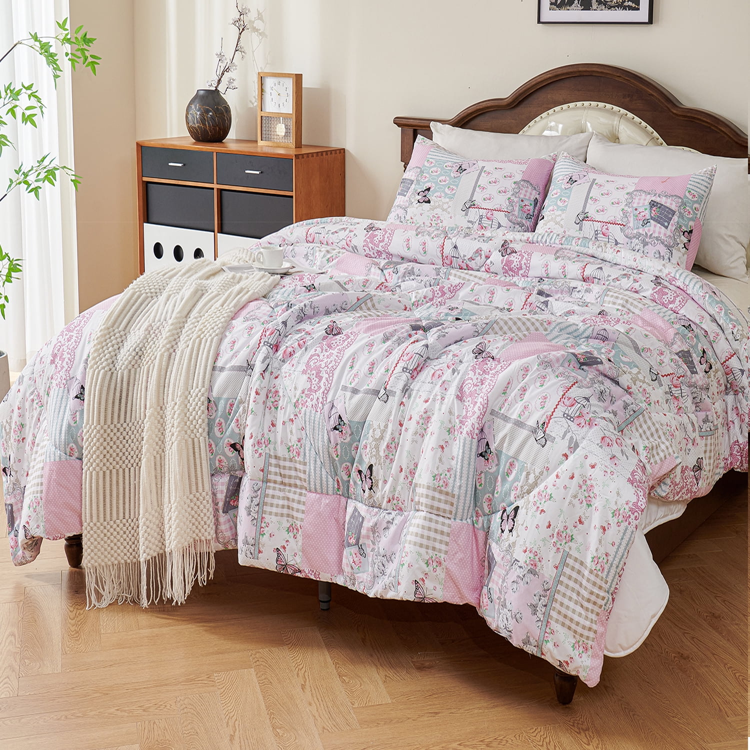 Evenhug Comforter 3-Piece Queen Purple Patchwork Floral Comforter Set With Pillowcases