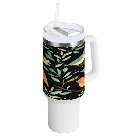 

40 Oz Car Handle Water Bottle 10.8x3.85 Inch Handle And Straw Travel Water Bottle Reusable Stainless Steel Water Bottle Black Background Bird