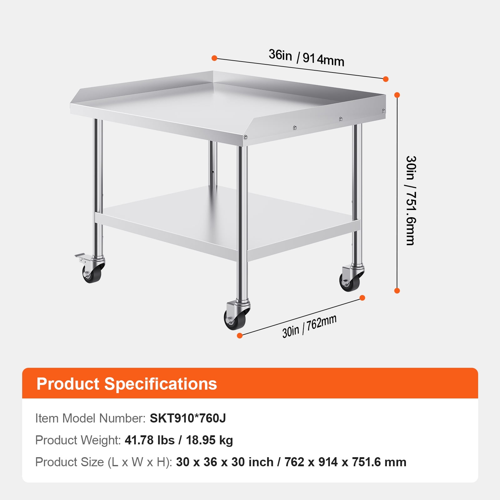 KFFKFF 30 x 36 x 30 Inches Commercial Grade Stainless Steel Work Table, Heavy Duty Metal Equipped with 4 Mobile Wheels, 3-Sided Backsplash for Enhanced Durability, Ideal for Restaurant, Home