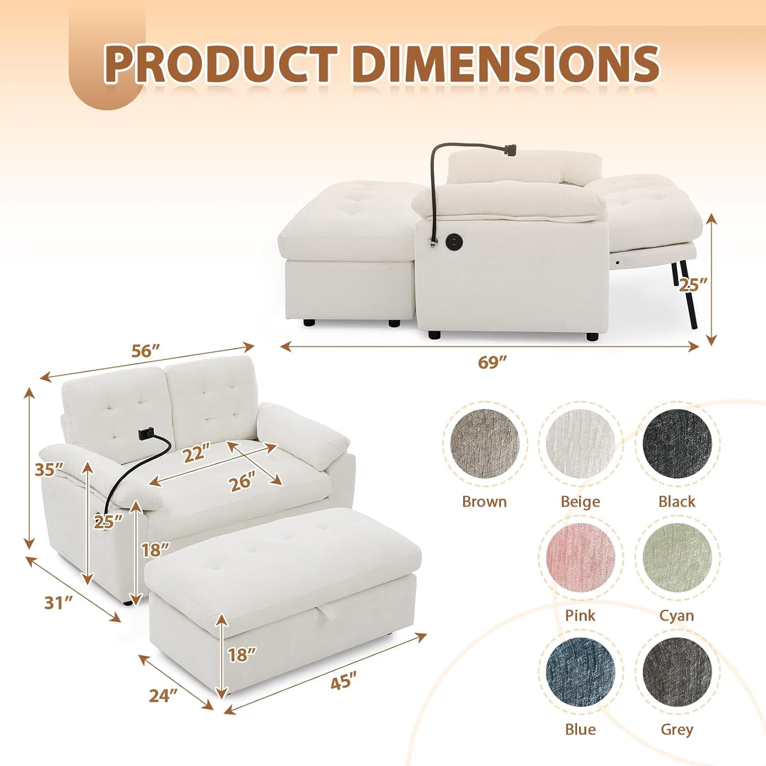 MOONMISS Oversized Chaise Lounge Chair Indoor with Ottoman&Adjustable Backrest,Chenille Tufted Recliner Sofa Chair with USB&Phone Holder,Convertible Sleeper Couch Bed for Living Room,Beige