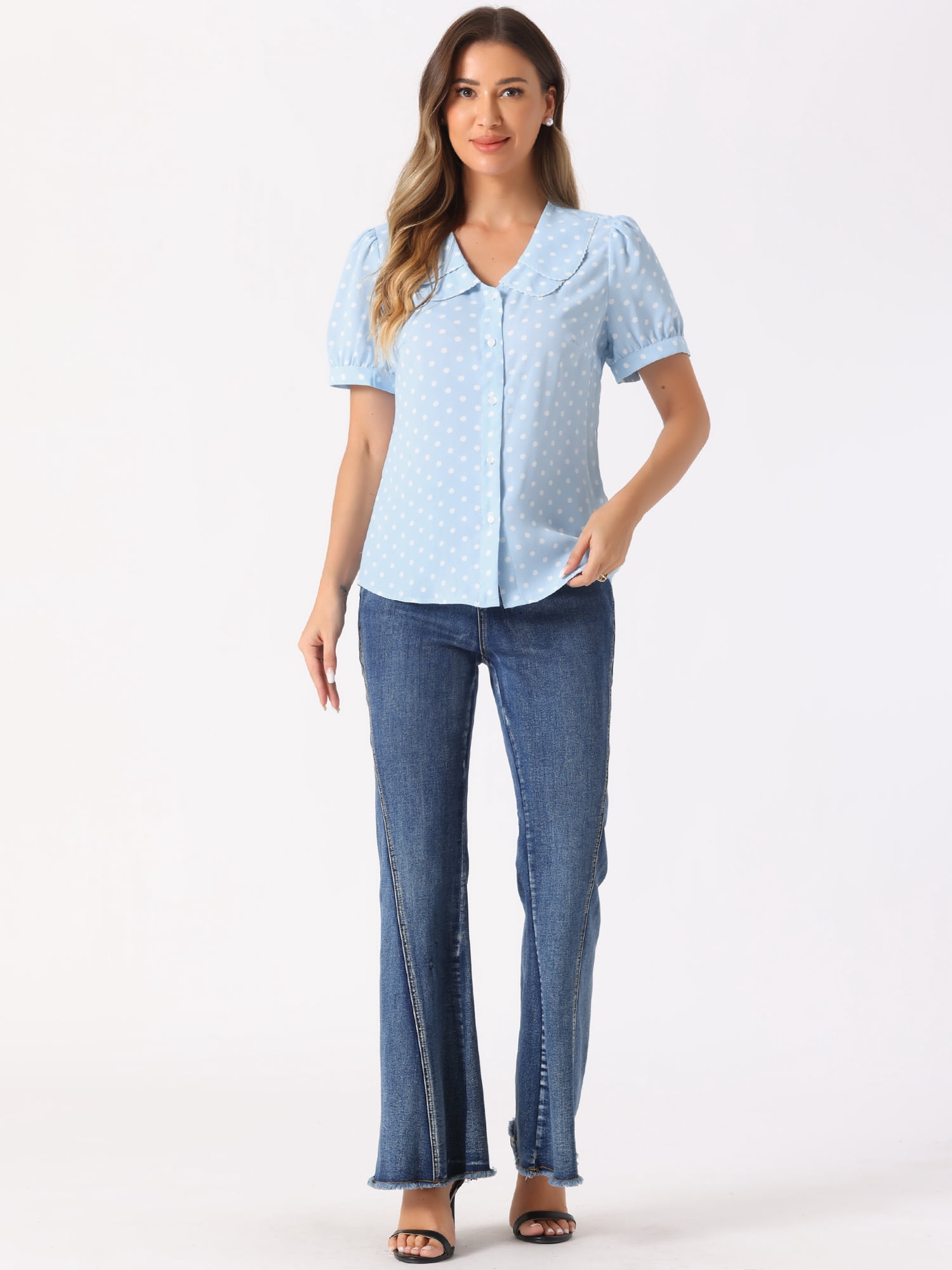 DARING DIVA Women's Polka Dots Peter Pan Collar Puff Sleeve Shirt Top L Light Blue