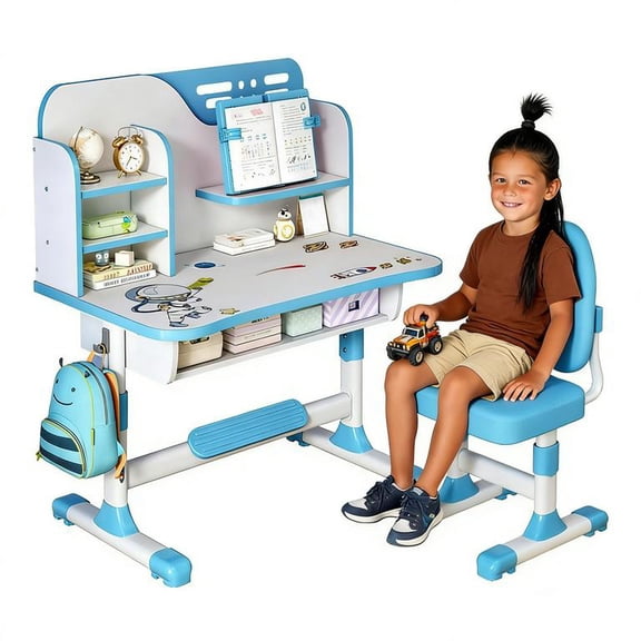 YNCE Upgraded Kid's Desk and Chair Set, Adjustable Children's Study Table with Bookshelf and Storage Drawer, 50-Degree Tiltable Desktop with Chair for Bedroom