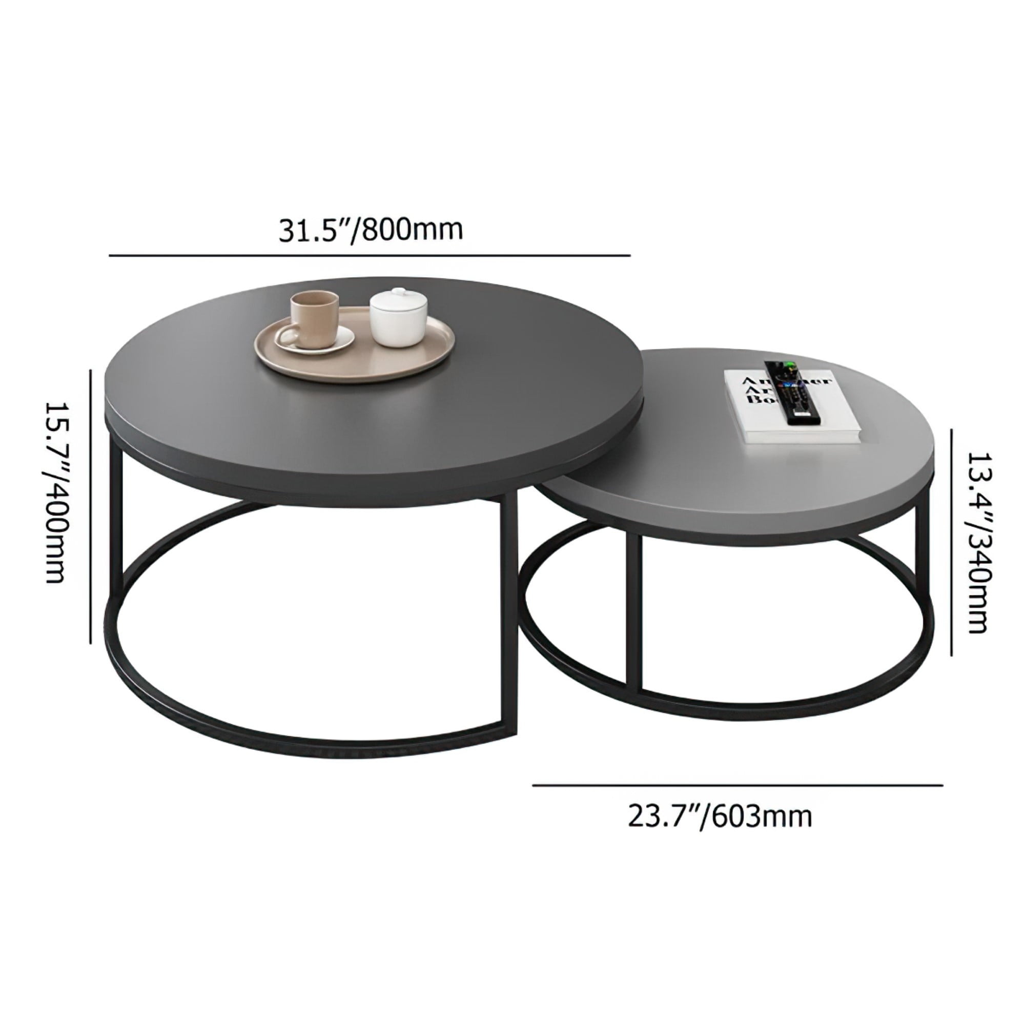 NessCarsti Modern Round Coffee Table Set, Black Metal Legs, Gray Finish, 31.5/23.7"