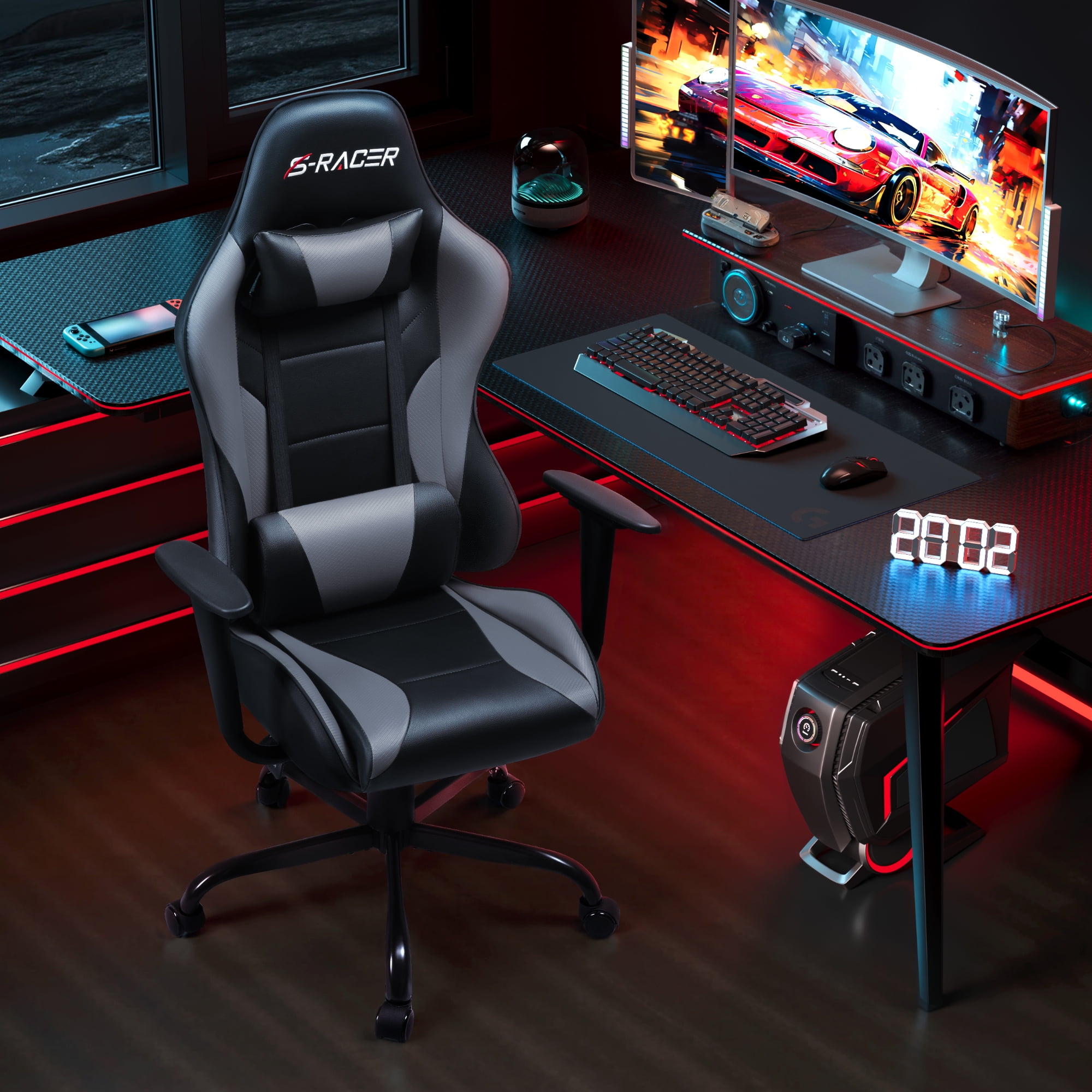 Homall Gaming Chair Office Chair High Back Racing Computer Chair PU Leather Adjustable Seat Height Swivel Chair Ergonomic Executive Chair with Headrest, Gray