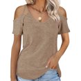 thumbnail image 2 of Camiseta de manga corta sólida de verano para mujer con hombros descubiertos y cuello en V informal con cordones OAVQHLG3B Store lin121212, 2 of 5