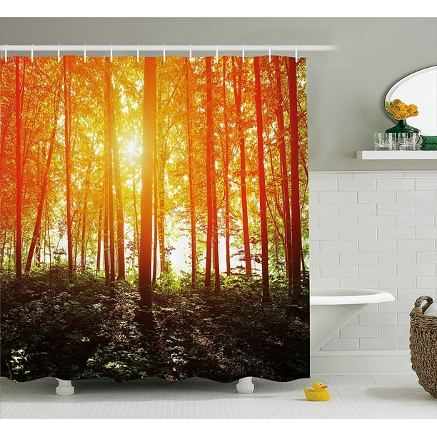 Nature Shower Curtain by , Foggy Forest Scenery with Sunrays Reflecting