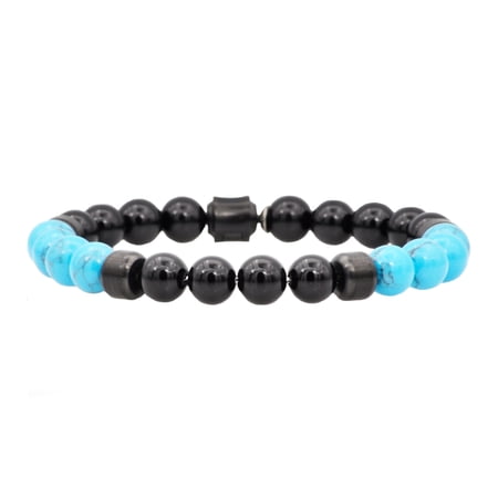 Arista Men's Genuine Onyx and Turquoise Beaded Bracelet in Black Plated Stainless Steel, 8"