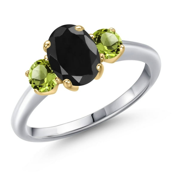 Gem Stone King 10K Two Tone Gold Black Sapphire and Green Peridot Engagement Ring for Women | 2.26 Cttw | Oval 8X6MM | Gemstone September Birthstone | Size 9