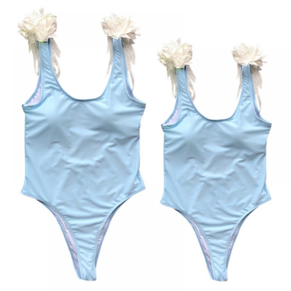 Family Matching Swimsuits One Piece Bathing Suit Wing Shoulder Straps Swimwear High Waisted