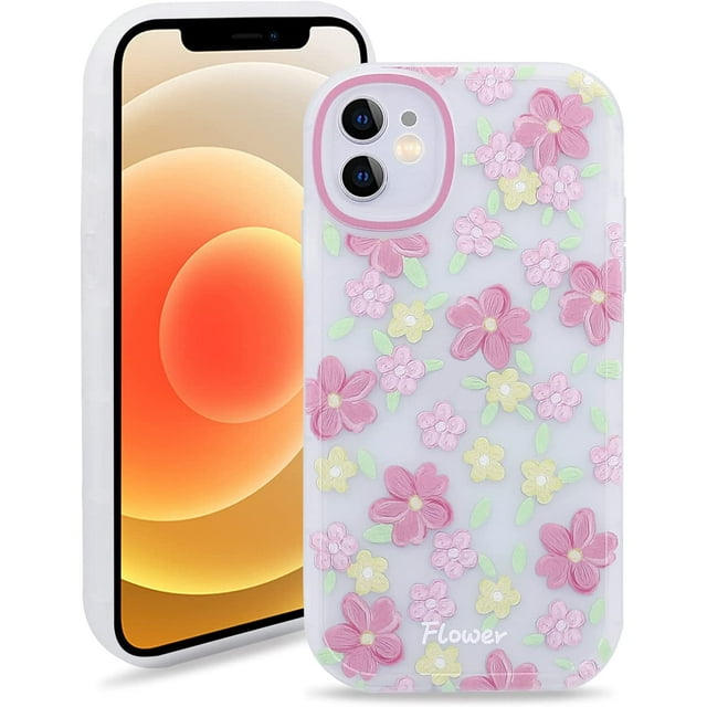 Case for iPhone 12, Translucent Matte Soft TPU Bumper Case for iPhone 12 (6.1 inch), Cute Print Pattern Design Women Girls Protective Phone Cover, Pink Flower
