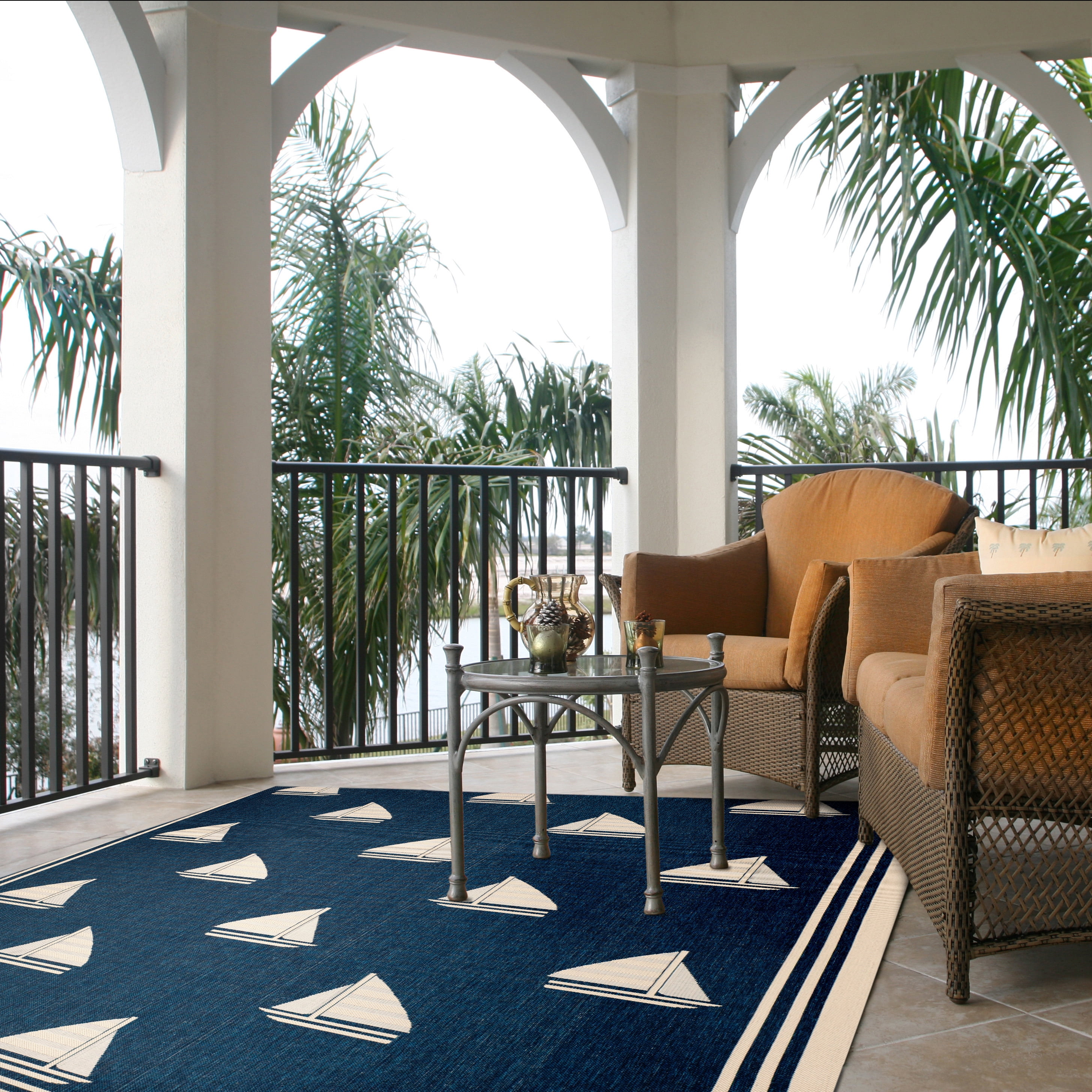 Safavieh Courtyard Ainsley Sailboat Indoor/Outdoor Area Rug, Navy/Beige, 6'7" x 6'7" Square