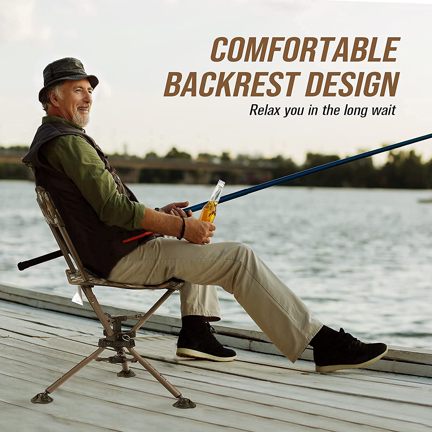 KEMIMOTO 360° Camo Tripod Swivel Hunting Chair w/ Backrest Blind Chair Height Adjustable Fishing Camping Stool Chair for Outdoor