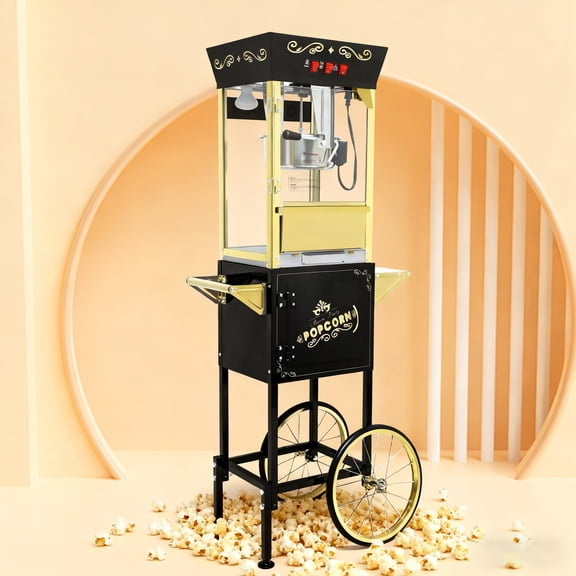 12 Oz Popcorn Machine with Cart, Popcorn Maker Machine with Stainless-Steel Kettle Makes Up to 48 Cups, Movie Theater Pop Corn Maker with 3-Switch Control & Tempered Glass Doors(Black)