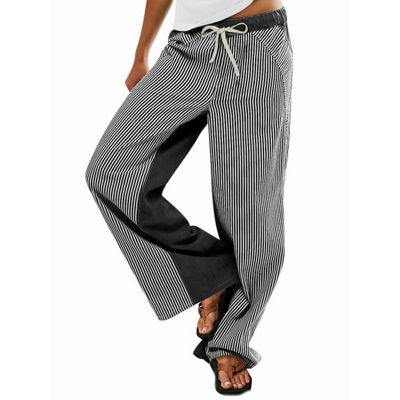 Low Rise Striped Pants for Women Pull on Drawstring Boho Wide Leg Jeans Trendy 2025 Black XL