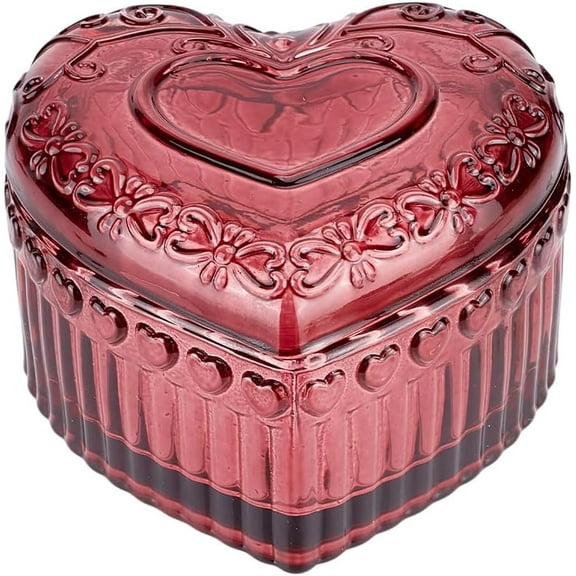 1Pc Embossed Heart Storage Box 3.7x3.56x2.26 Inch Vintage Red Glass Trinket Organizer Box Romantic Glass Storage Boxes for Women Rings Earrings Bracelet Necklace Desk Display