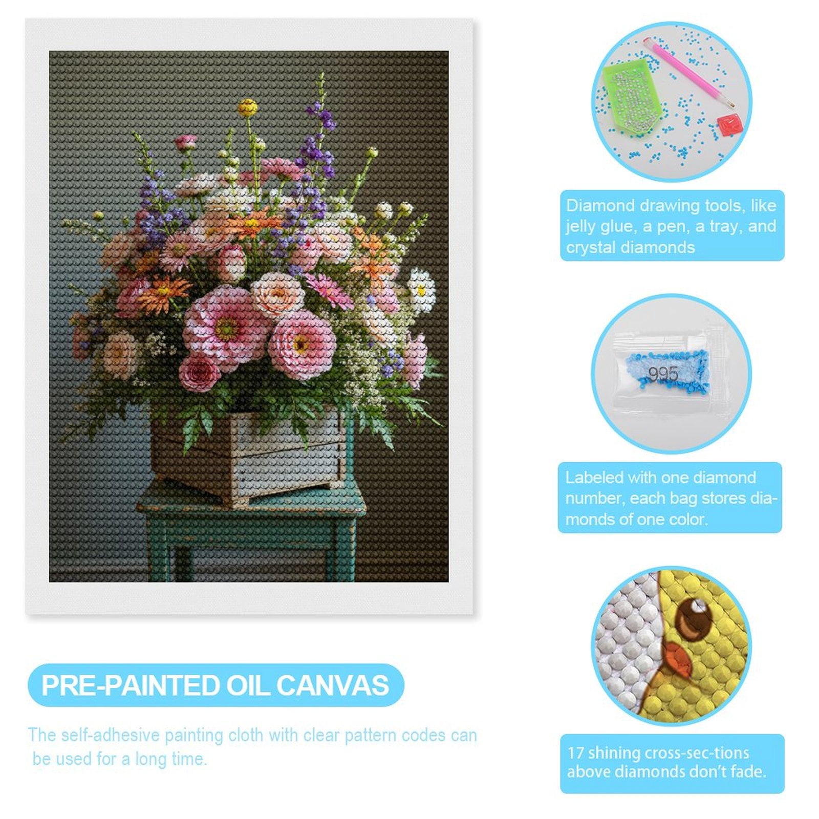 Diamond Art Kits for Adults - Blooming Floral Arrangement Display 5d Diamond Painting for Adults, Diamond Art for Adults Beginners, Frameless Diamond Painting Kits for Adults for Home Wall Decor