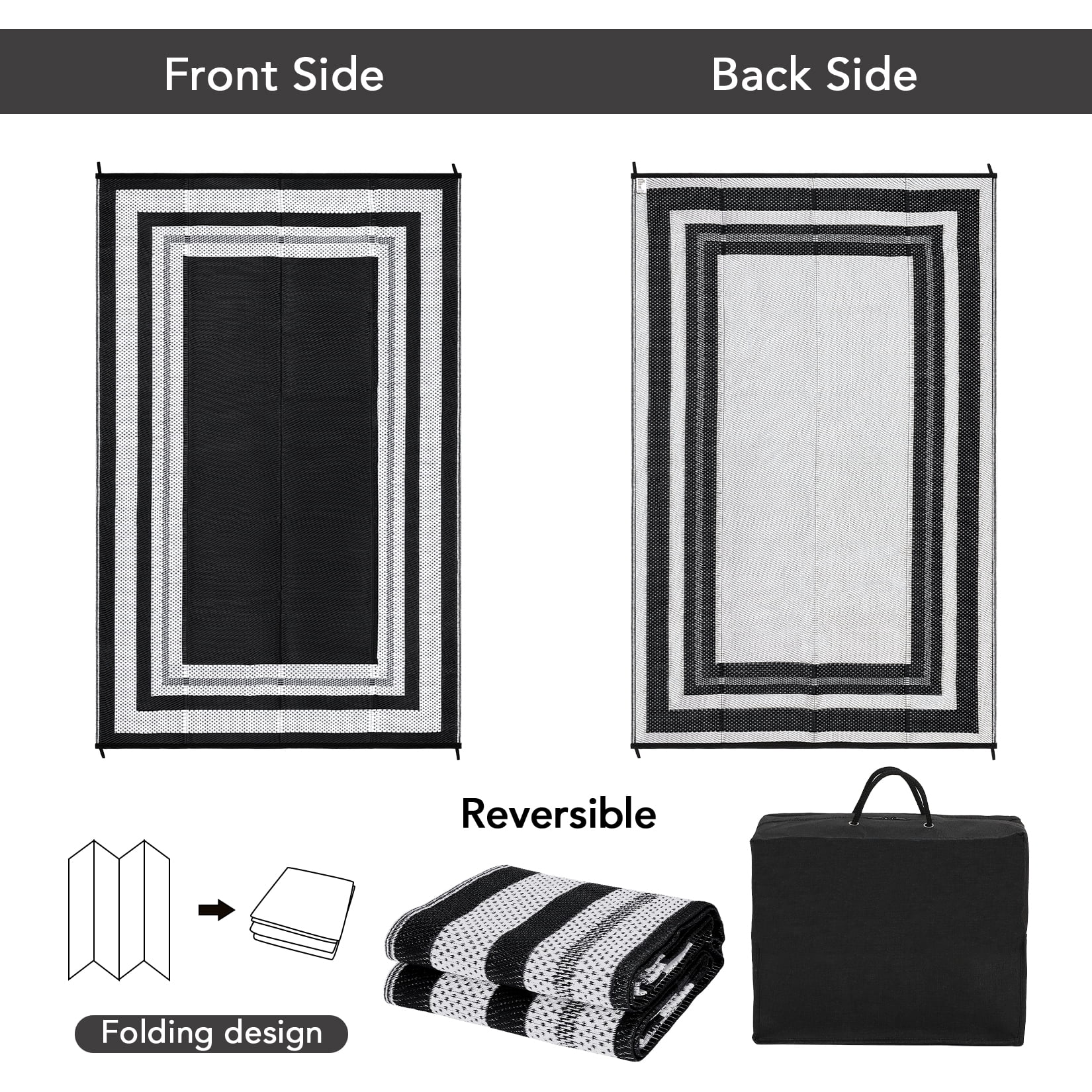 Gavee 10'x14' Waterproof Outdoor Rug, Reversible Patio Area Rug Indoor Outdoor Carpet, Plastic Modern Geometric Carpet for RV Camping Deck Balcony, Porch, Picnic, with Storage Bag, Black and White