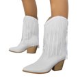 thumbnail image 1 of Bottes pour Femmes Décoration à Franges Talon Carré Bout Rond Dessus en PU Semelle en Caoutchouc Rétro Confortables Chaussures Décontractées pour Usage Quotidien, 1 of 3