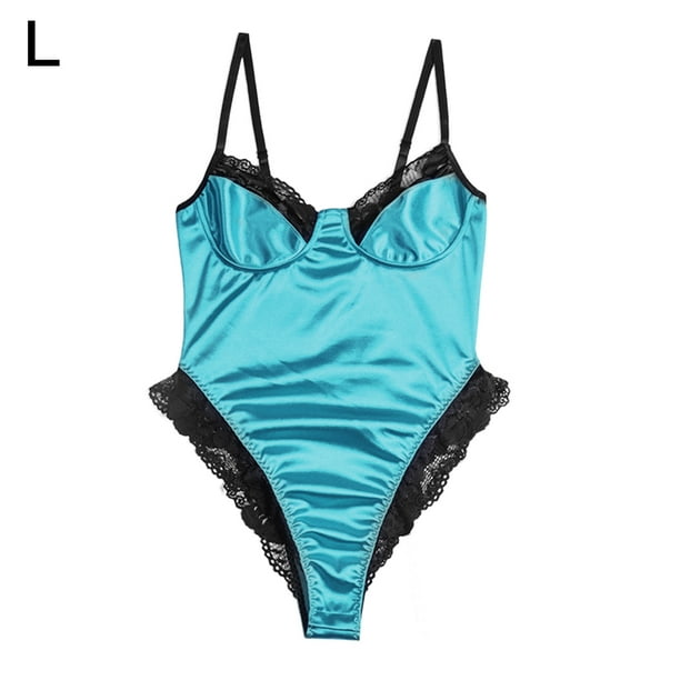 Lencería de mujer Sexy Hollow Lace Jumpsuit Erotic Nightwear Body, L, Azul Verde Inevent XX000113-11