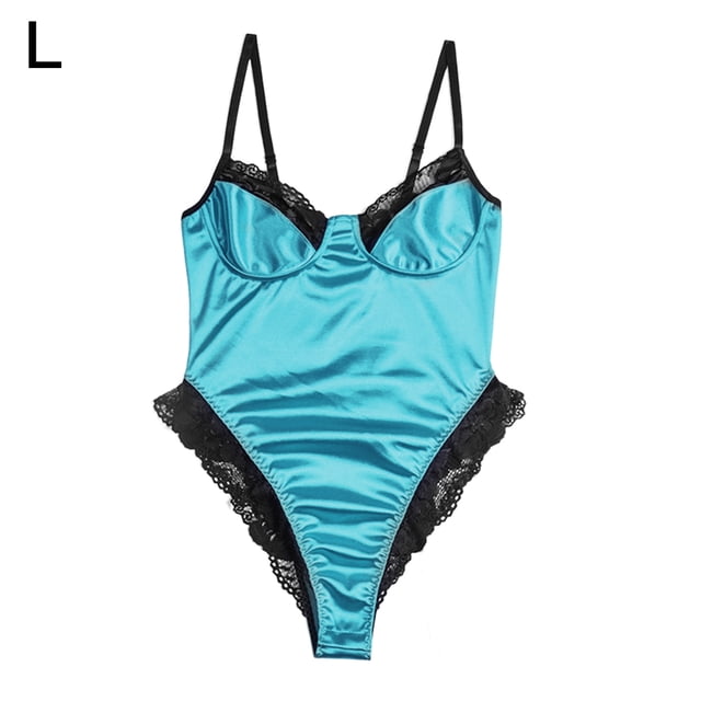 Lencería de mujer Sexy Hollow Lace Jumpsuit Erotic Nightwear Body, L, Azul Verde Noticed XX000113-11