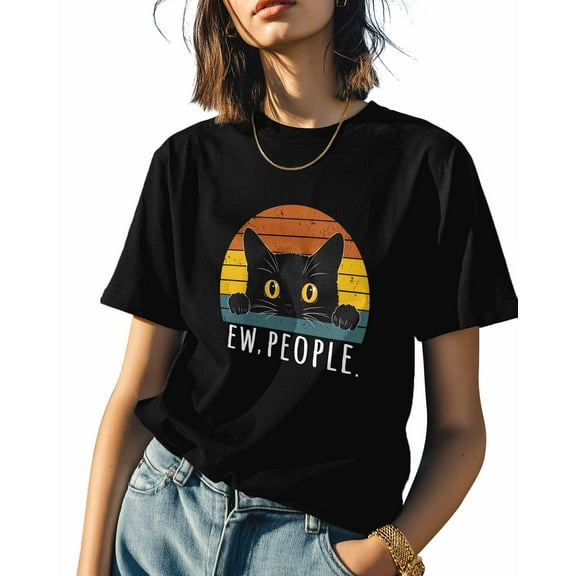 Black Cat Colorful Stripe Womens Tshirt Graphic Tees Cotton Crew Neck T-Shirts, Casual Short Sleeve Shirts for Women Teen Girl EW People