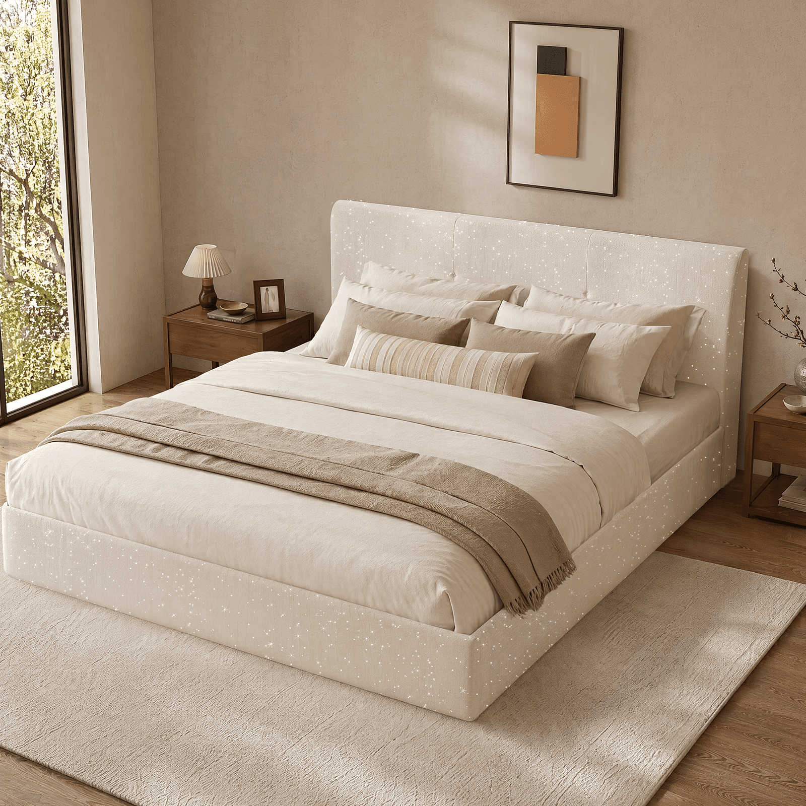 Patbrela Queen Bed Frame with Headboard, No Assembly Required Cloud Bed Frame, All Sponge Cushioned Upholstered Platform Bed Frame with Anti-Collision Soft Rounded Corners, No Box Spring Needed